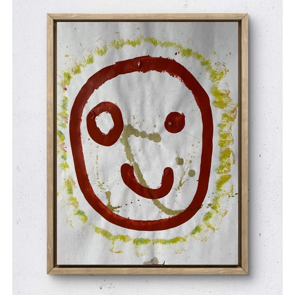 OMAN Original Abstract Smiley Face Painting Red Yellow White Folk Art 8.5x11